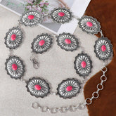 Rustic Couture Etched Oval Stone Centered Concho Link Chain Belt