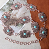 Rustic Couture Etched Square Stone Centered Concho Link Chain Belt - Cowgirl Wear