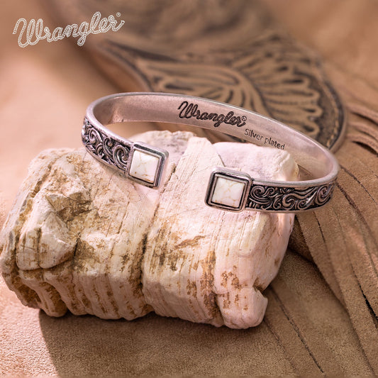 Wrangler Silver Western Natural Stone Engraved Cuff Bracelet