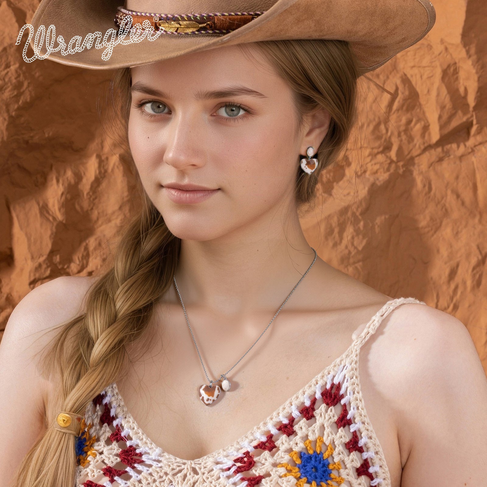 Wrangler Cow-Print Natural Stone Pendant Silver Necklace Earrings Set