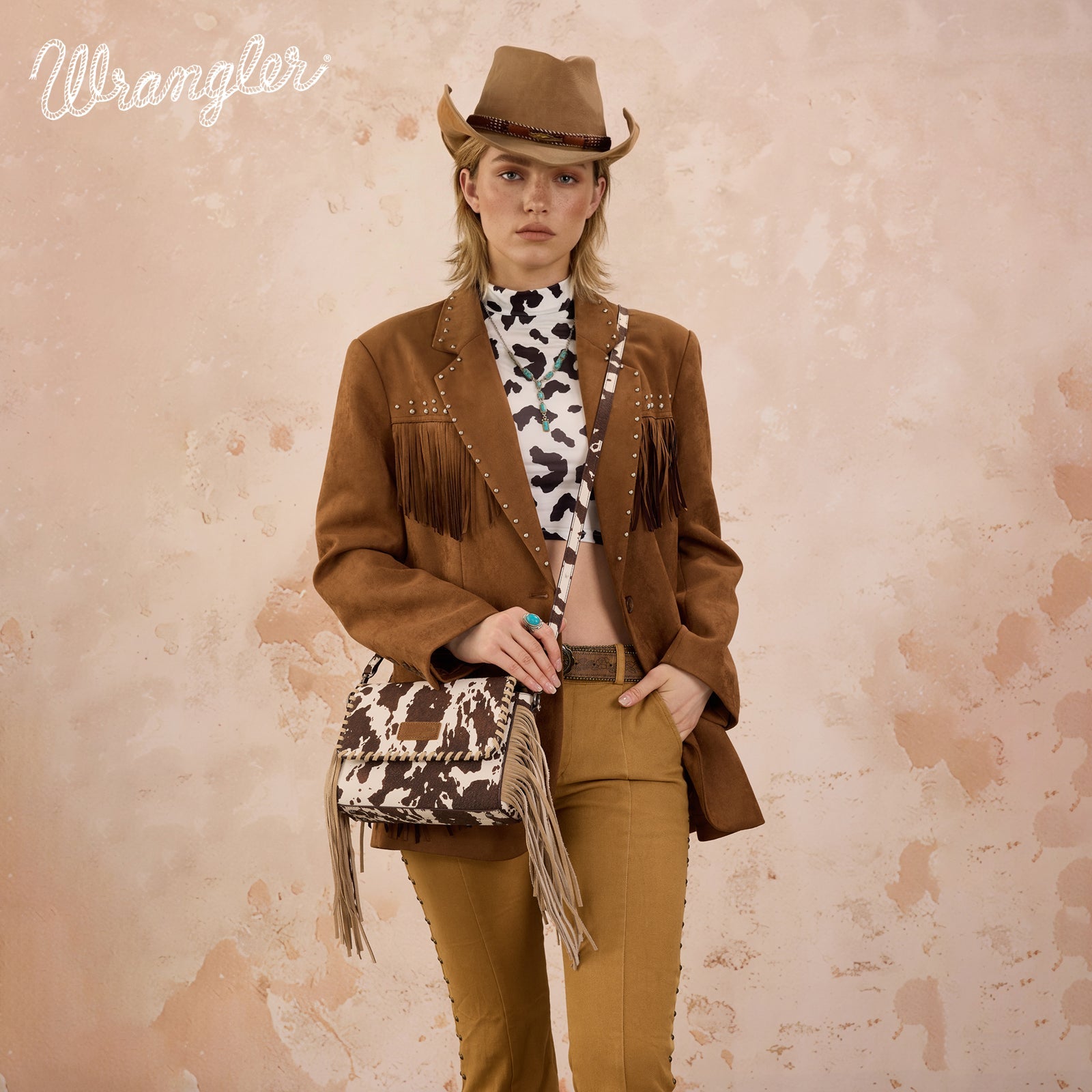 Wrangler Cow Print Fringe Crossbody Bag