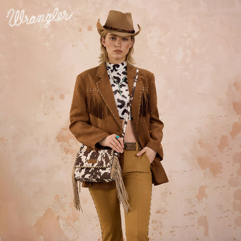 Wrangler Cow Print Fringe Crossbody Bag