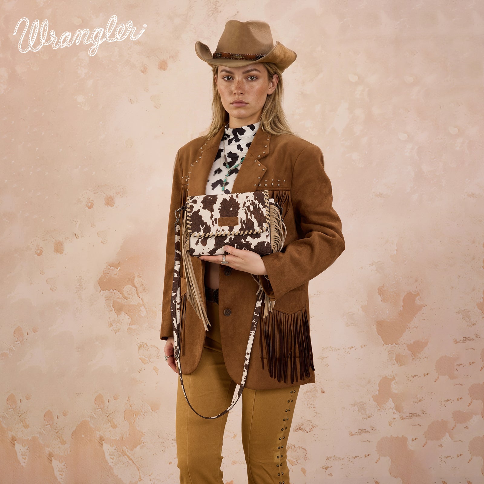 Wrangler Cow Print Fringe Crossbody Bag