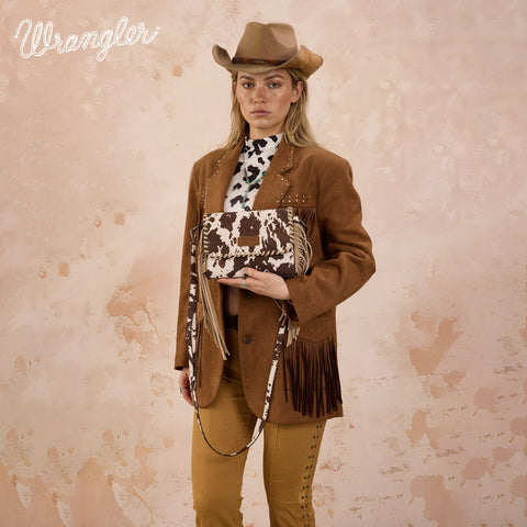 Wrangler Cow Print Fringe Crossbody Bag