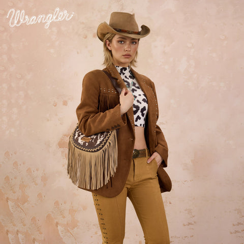 Wrangler Cow Print Fringe Shoulder Hobo Bag