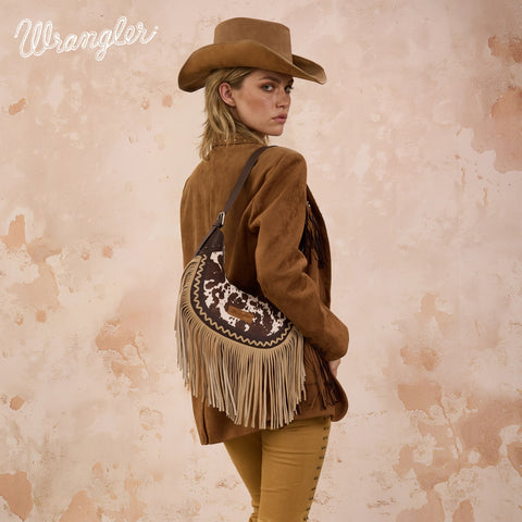 Wrangler Cow Print Fringe Shoulder Hobo Bag