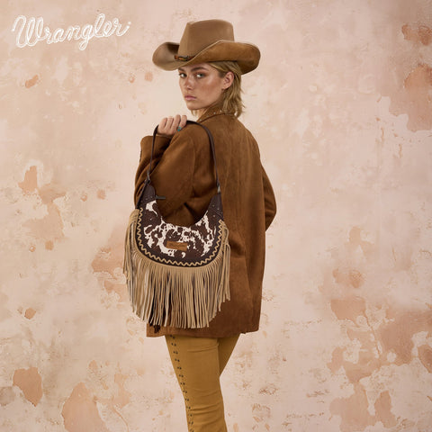 Wrangler Cow Print Fringe Shoulder Hobo Bag