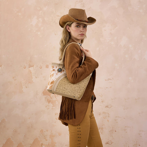 Montana West Tooled & Cowhide Whipstitch Tote Bag