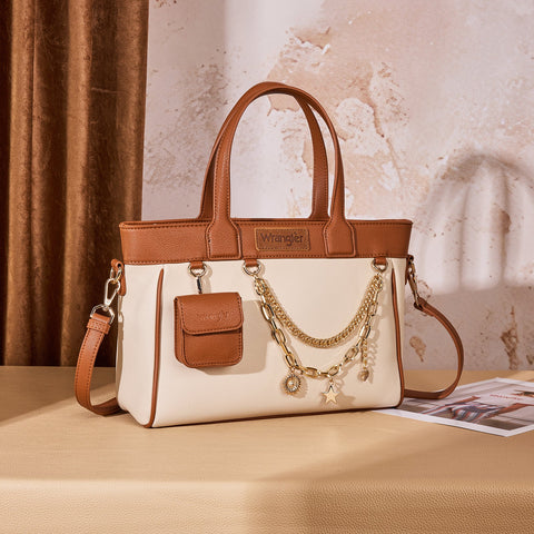 Wrangler Color Block Tote with Chain Charm & Mini Pouch