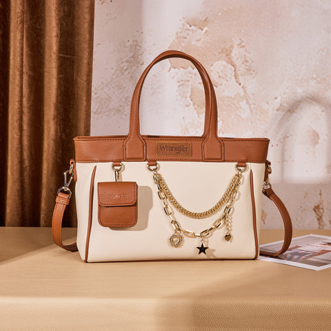 Wrangler Color Block Tote with Chain Charm & Mini Pouch