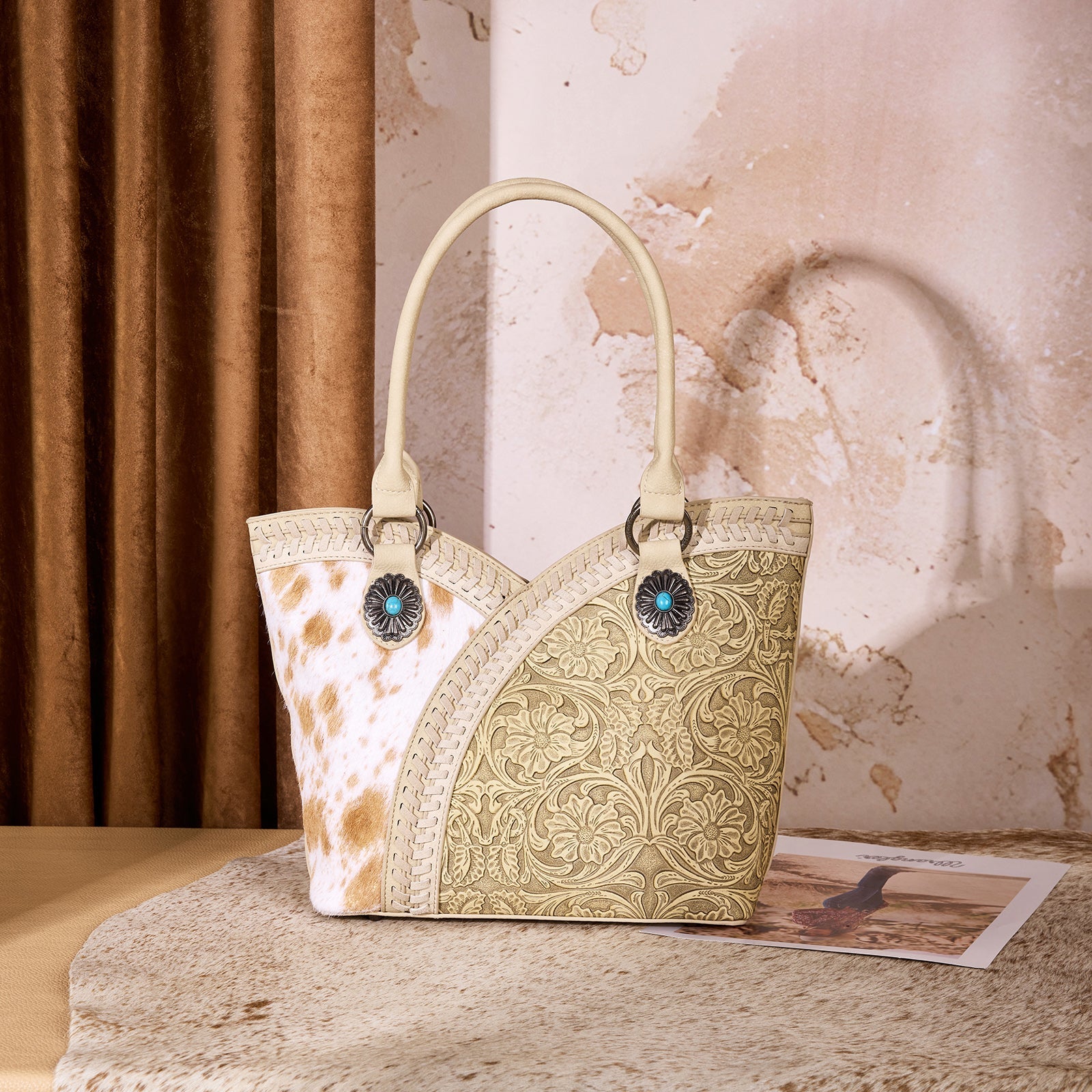Montana West Tooled & Cowhide Whipstitch Tote Bag