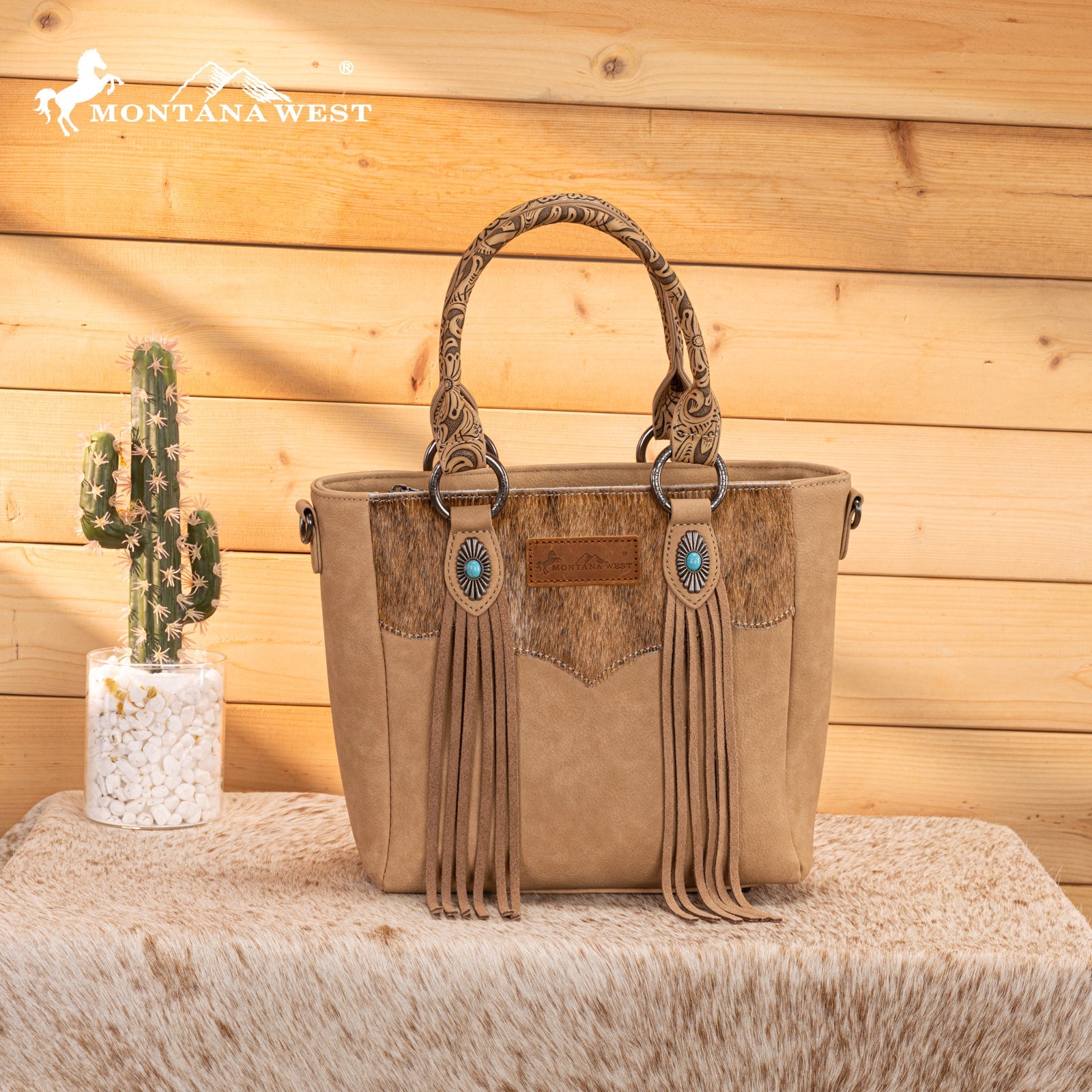 Montana West Hair-On Hide Concealed Carry Tote Bag with Tooled Strap - Beige)