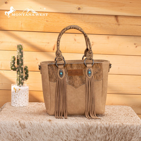 Montana West Hair-On Hide Concealed Carry Tote Bag with Tooled Strap - Beige)