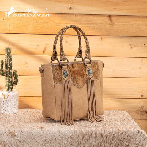 Montana West Hair-On Hide Concealed Carry Tote Bag with Tooled Strap - Beige)