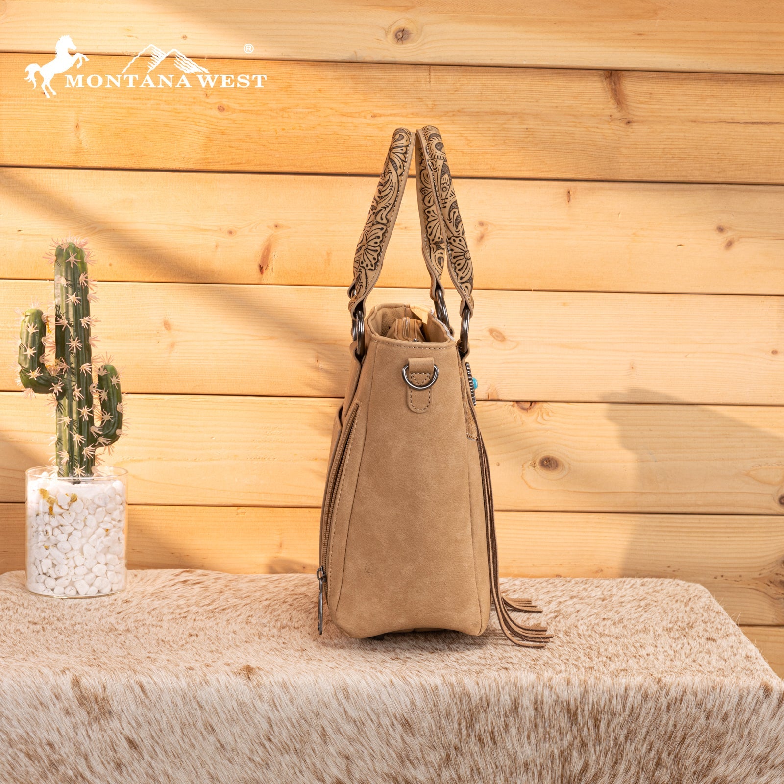 Montana West Hair-On Hide Concealed Carry Tote Bag with Tooled Strap - Beige)