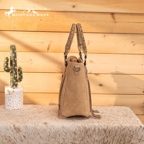 Montana West Hair-On Hide Concealed Carry Tote Bag with Tooled Strap - Beige)