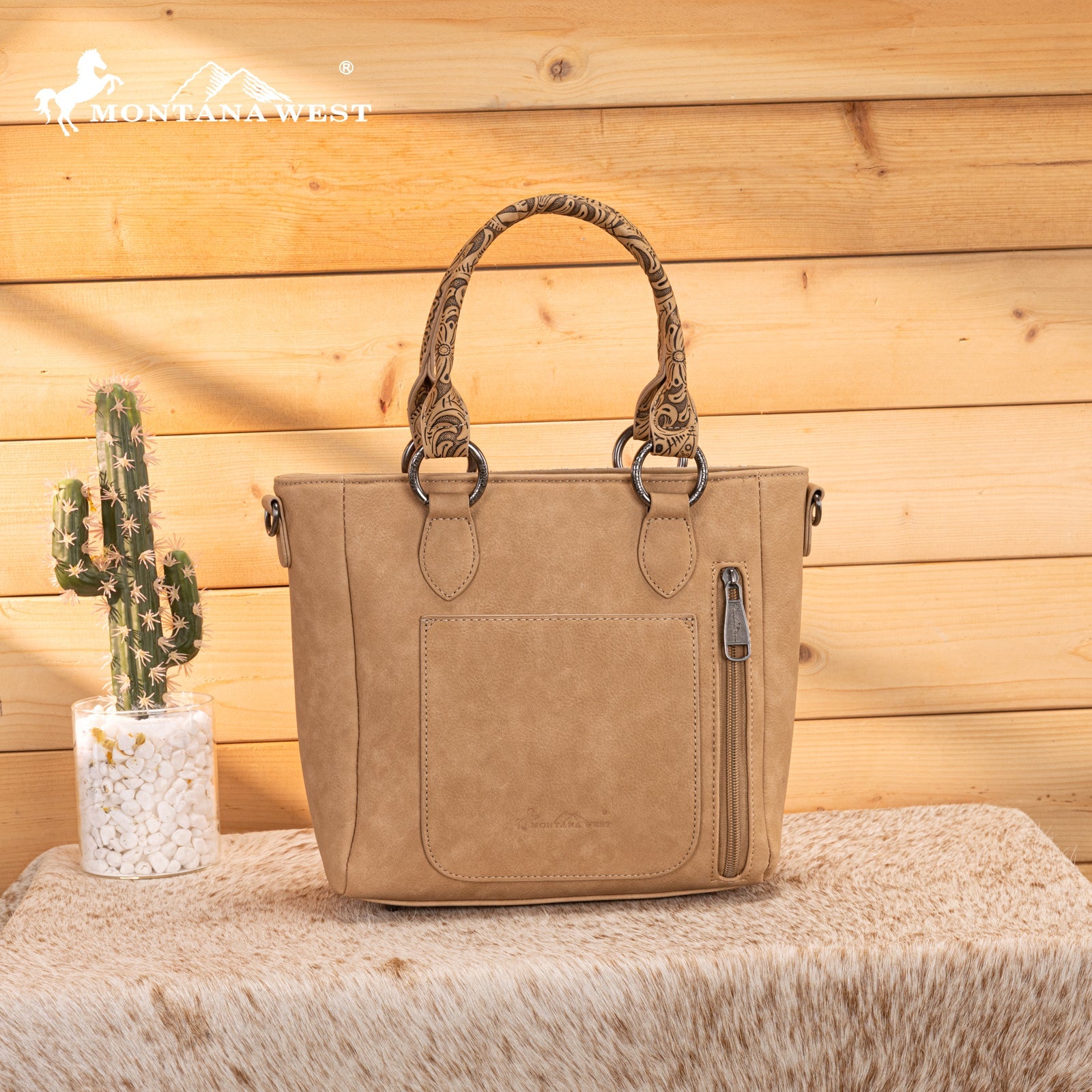 Montana West Hair-On Hide Concealed Carry Tote Bag with Tooled Strap - Beige)
