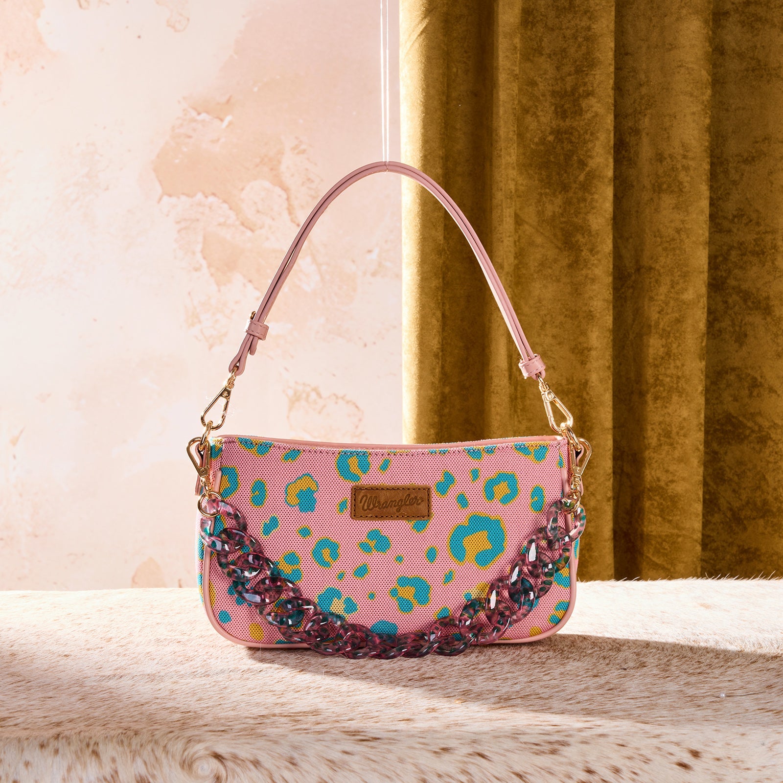 Wrangler Leopard Print Canvas Shoulder Bag with Chain Strap