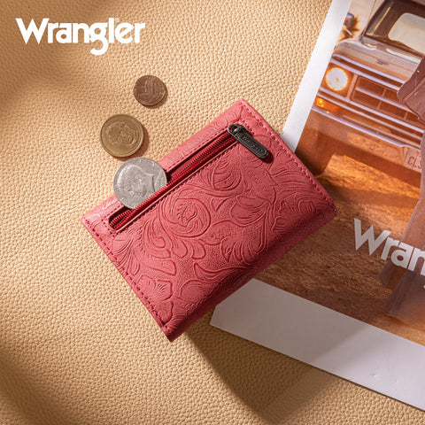 Wrangler Floral Embossed RFID Trifold Wallet Burgundy