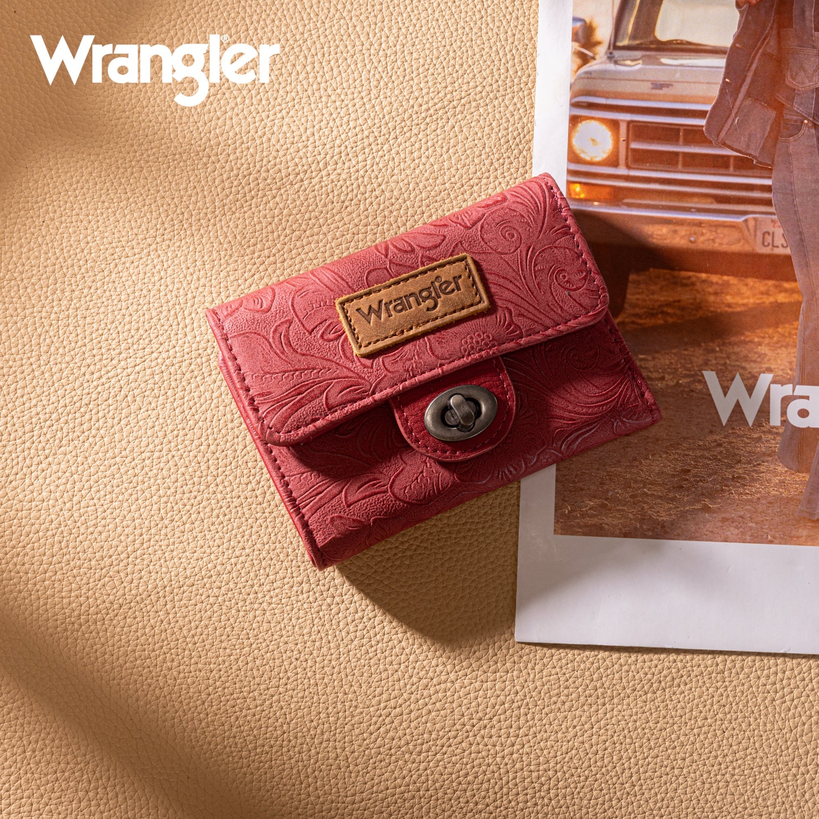 Wrangler Floral Embossed RFID Trifold Wallet Burgundy