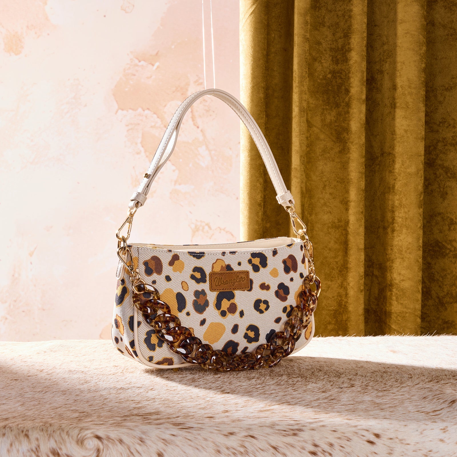 Wrangler Leopard Print Canvas Shoulder Bag with Chain Strap