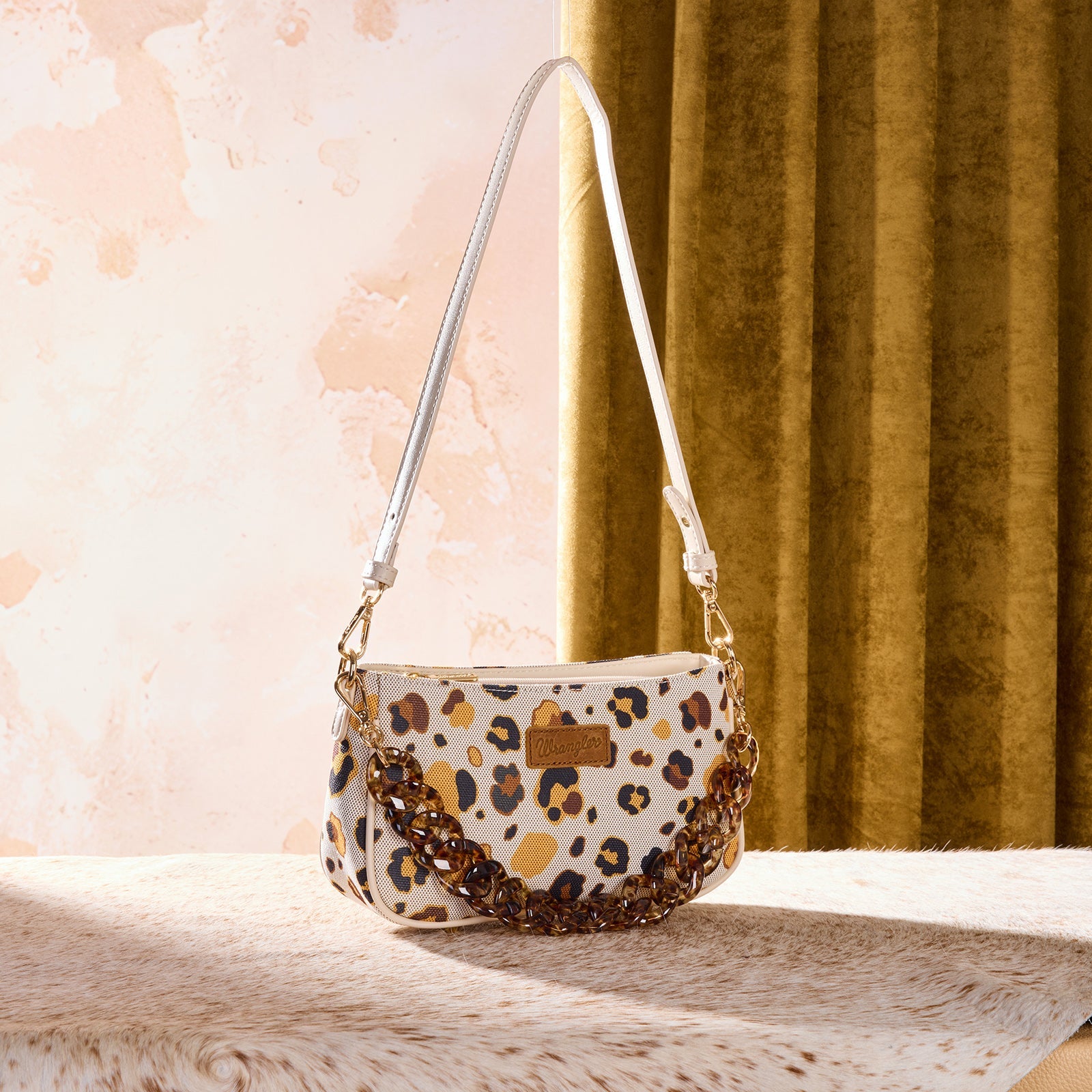 Wrangler Leopard Print Canvas Shoulder Bag with Chain Strap