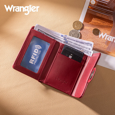Wrangler Floral Embossed RFID Trifold Wallet Burgundy