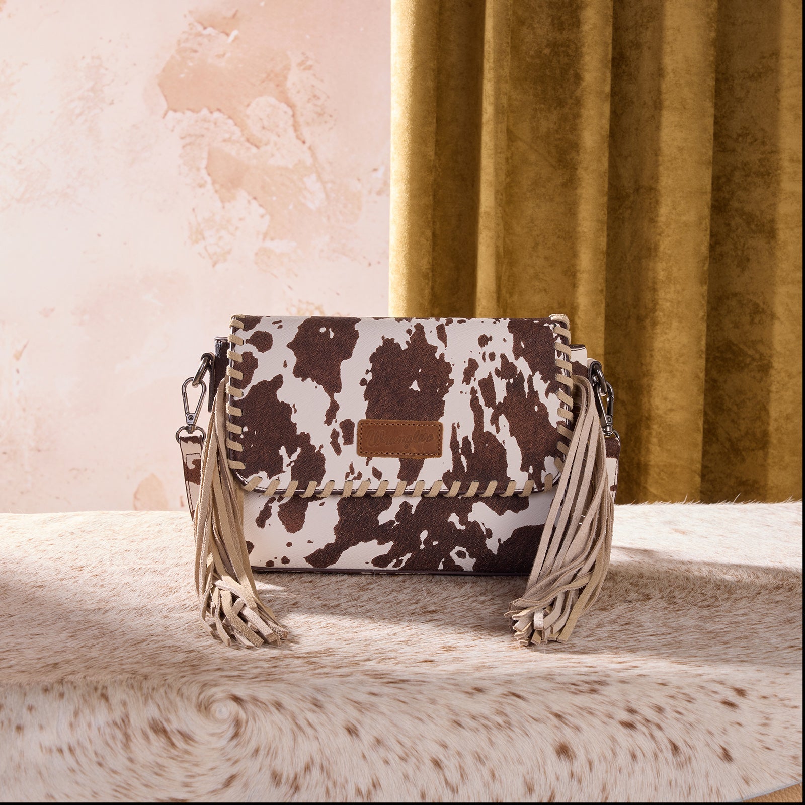 Wrangler Cow Print Fringe Crossbody Bag