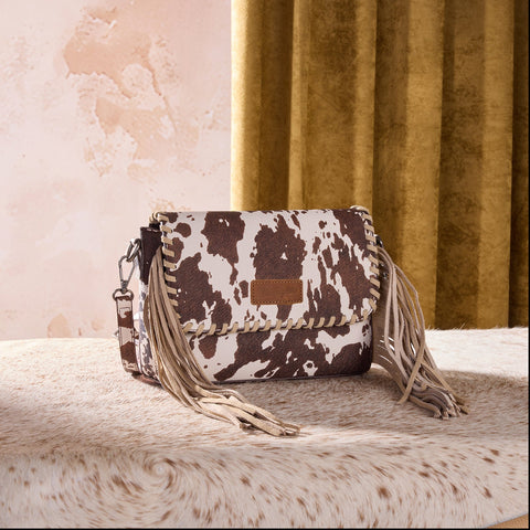 Wrangler Cow Print Fringe Crossbody Bag