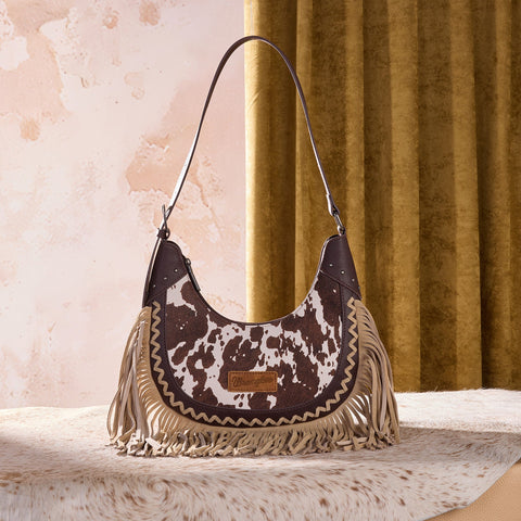 Wrangler Cow Print Fringe Shoulder Hobo Bag