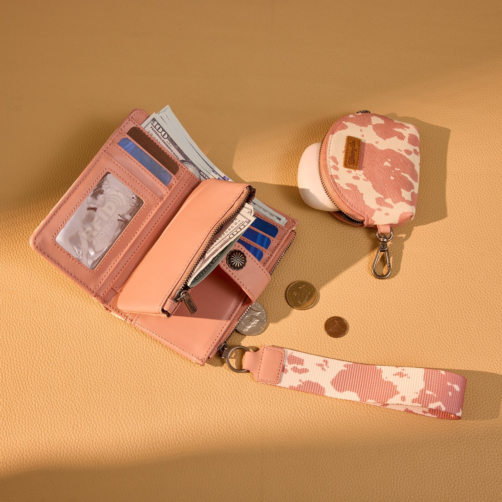 Wrangler Cow Print Wallet & Coin Pouch Wristlet Set