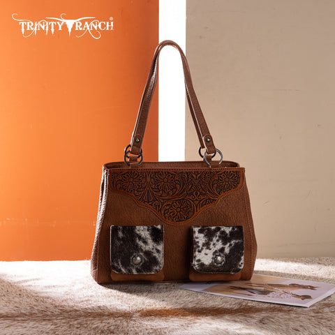 Trinity Ranch Genuine Hair-On Cowhide Tooled Collection Concealed Carry Tote
