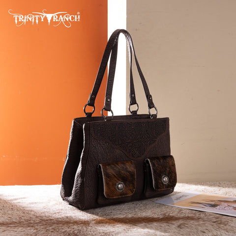 Trinity Ranch Genuine Hair-On Cowhide Tooled Collection Concealed Carry Tote