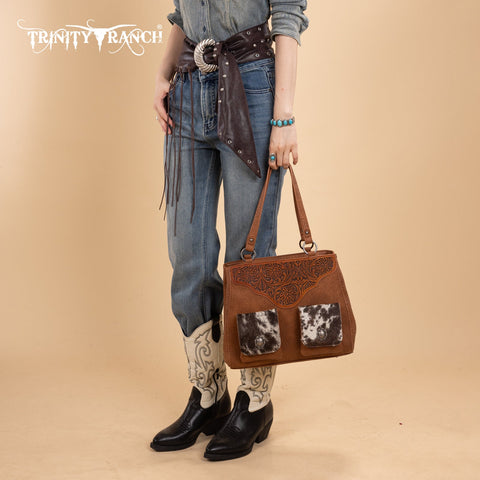Trinity Ranch Genuine Hair-On Cowhide Tooled Collection Concealed Carry Tote