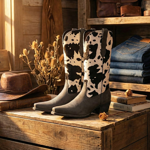 Montana West Women's Western Cow Print Cowgirl Boots - Full Grain Leather, Snip Toe