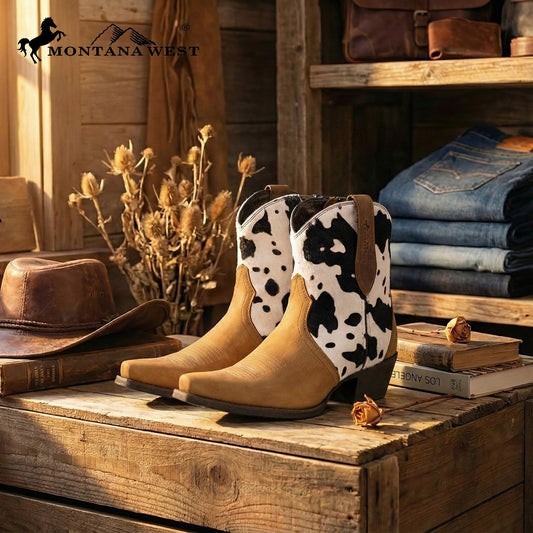Montana West Women's Western Cow Print Cowgirl Boots - Full Grain Leather, Snip Toe