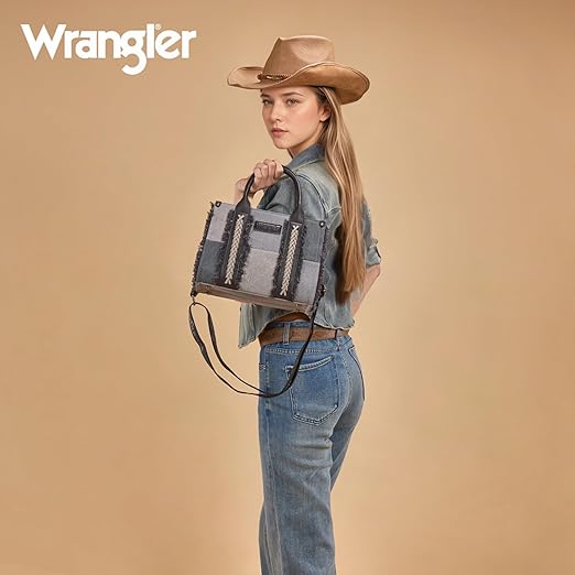 Wrangler Tote Bag for Women Canvas Woven Top Handle Handbags with Guitar Strap Retro Purse Boho Shoulder Bag