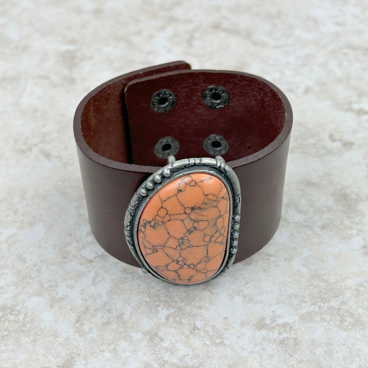 Turquoise Stone with Dark Brown Leather Cuff Bracelet