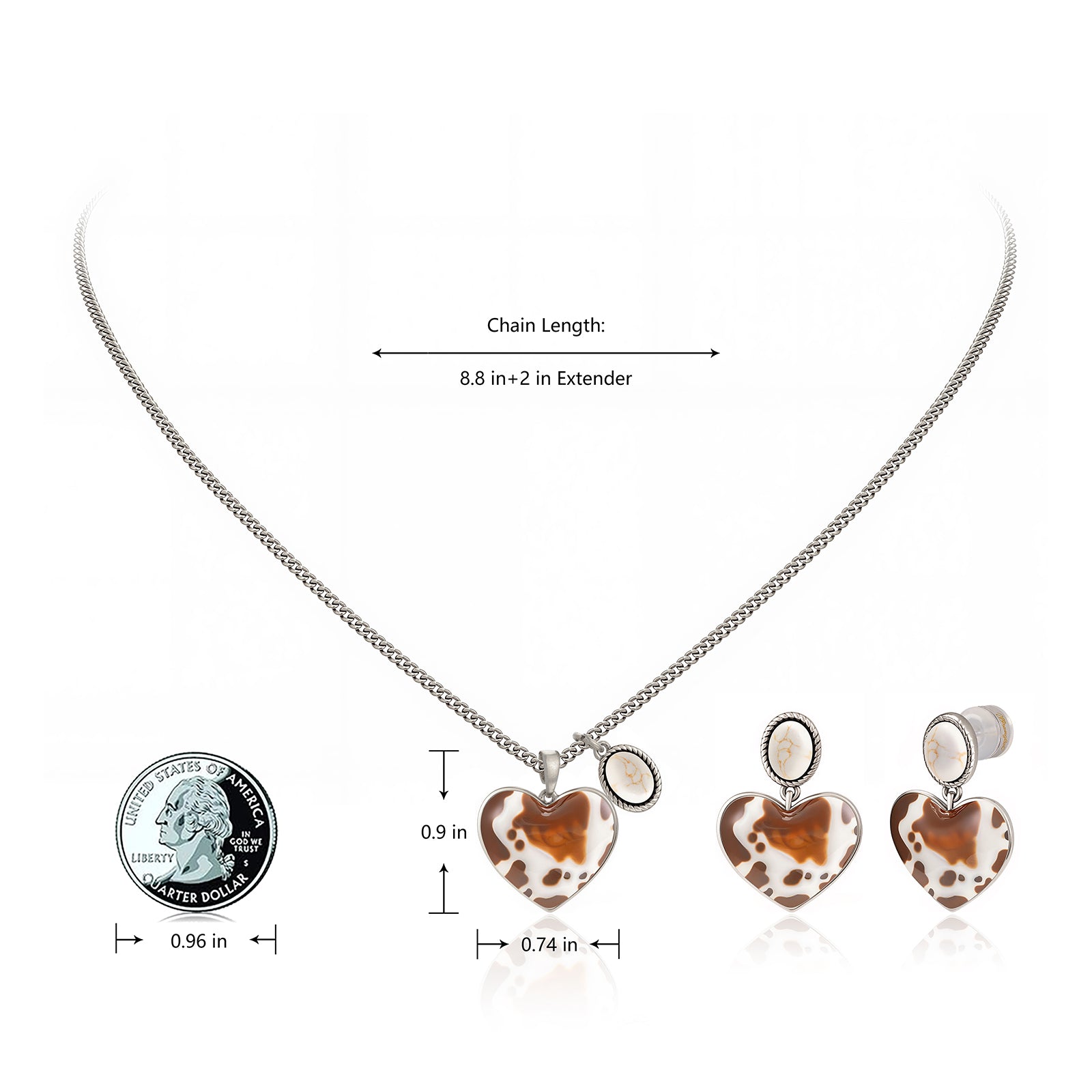 Wrangler Cow-Print Natural Stone Pendant Silver Necklace Earrings Set