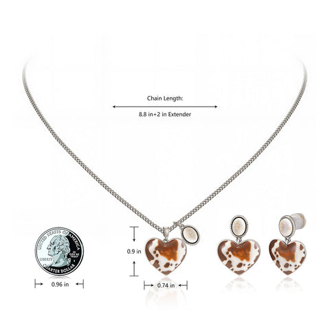 Wrangler Cow-Print Natural Stone Pendant Silver Necklace Earrings Set