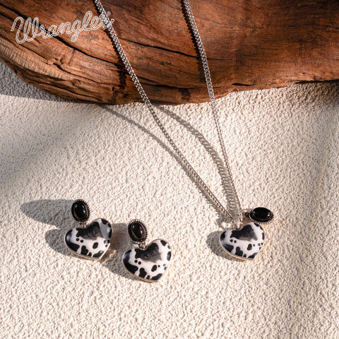 Wrangler Cow-Print Natural Stone Pendant Silver Necklace Earrings Set