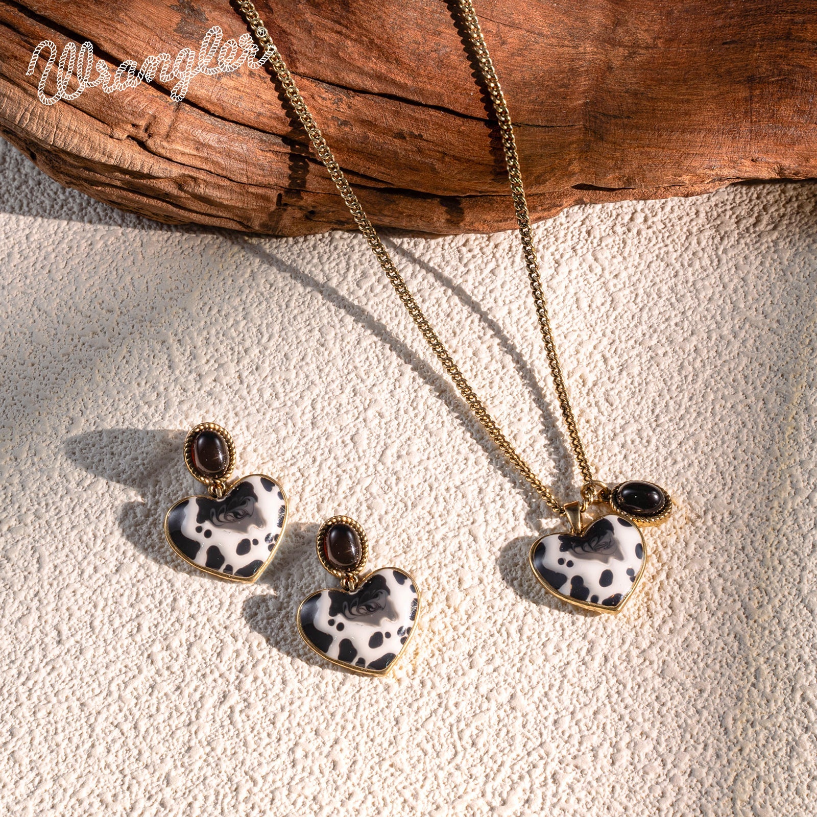 Wrangler Cow-Print Natural Stone Pendant Silver Necklace Earrings Set