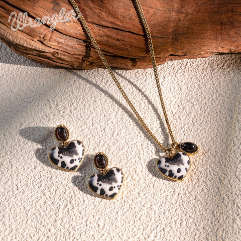 Wrangler Cow-Print Natural Stone Pendant Silver Necklace Earrings Set