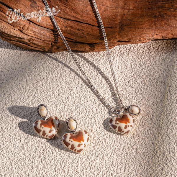 Wrangler Cow-Print Natural Stone Pendant Silver Necklace Earrings Set