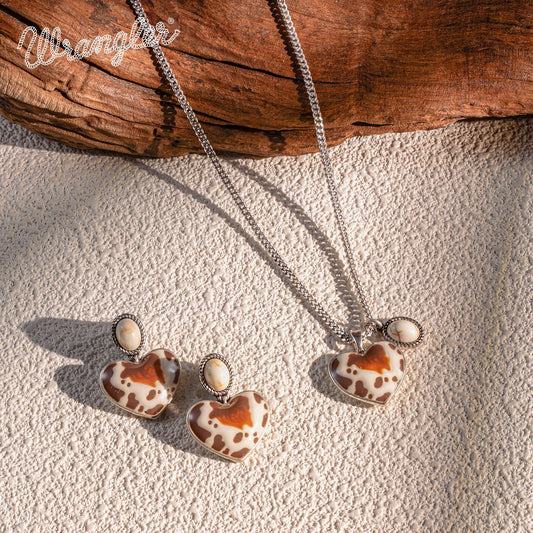Wrangler Cow-Print Natural Stone Pendant Silver Necklace Earrings Set