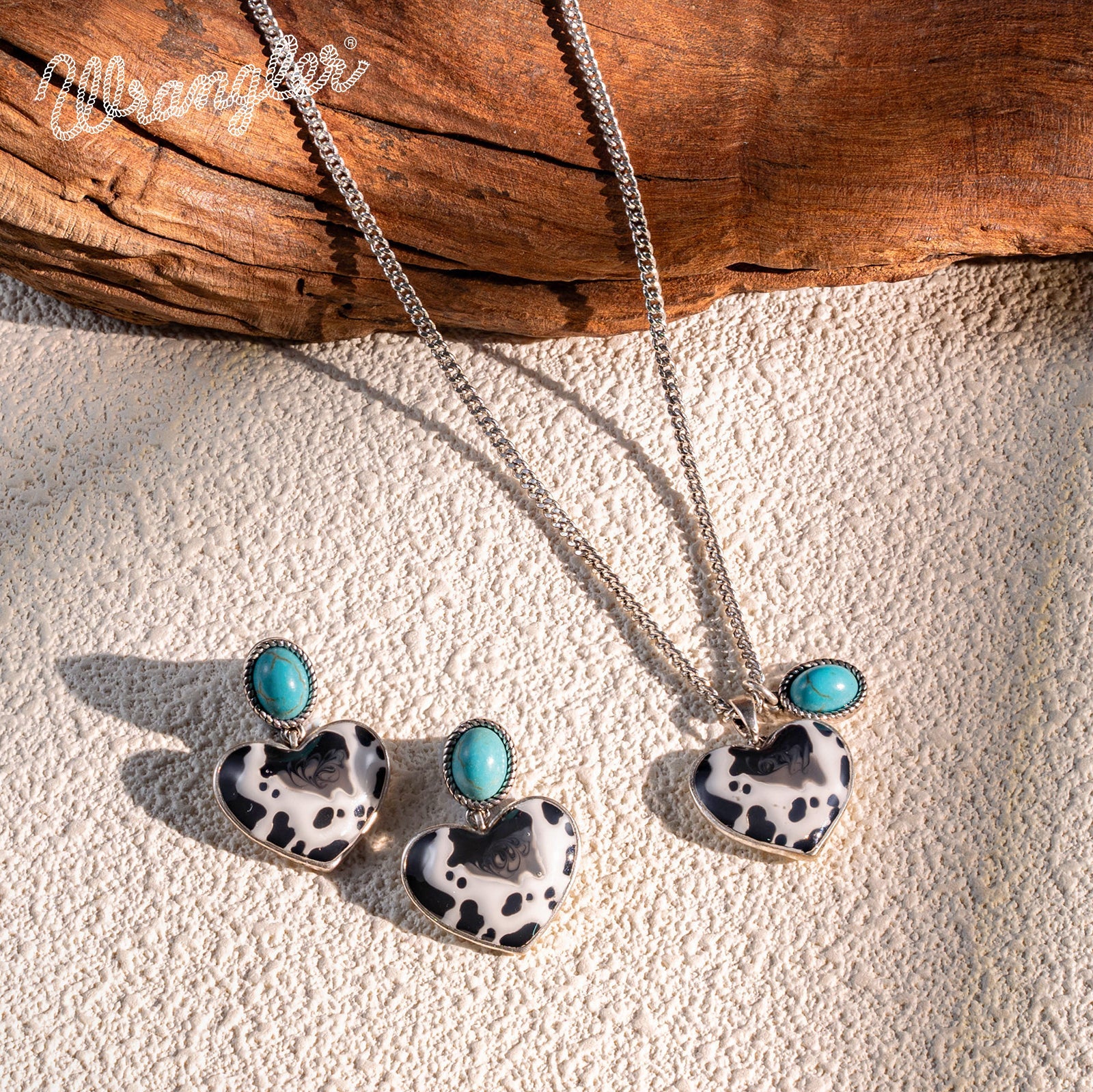 Wrangler Cow-Print Natural Stone Pendant Silver Necklace Earrings Set