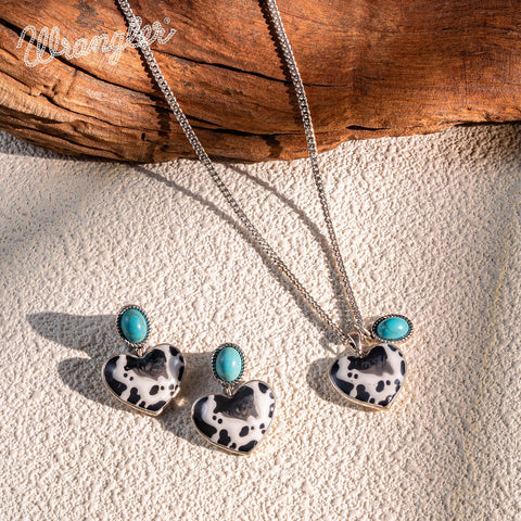 Wrangler Cow-Print Natural Stone Pendant Silver Necklace Earrings Set