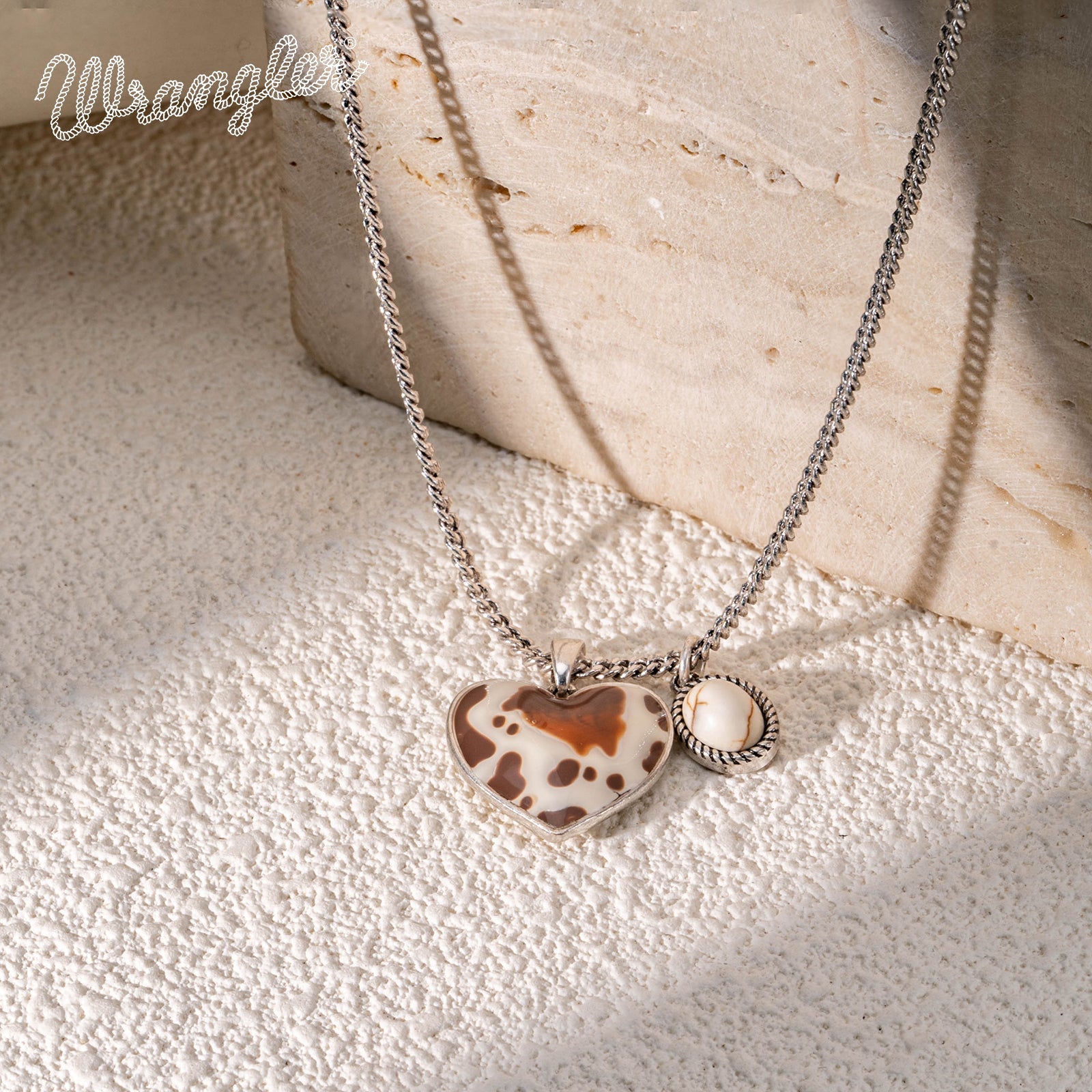 Wrangler Cow-Print Natural Stone Pendant Silver Necklace Earrings Set