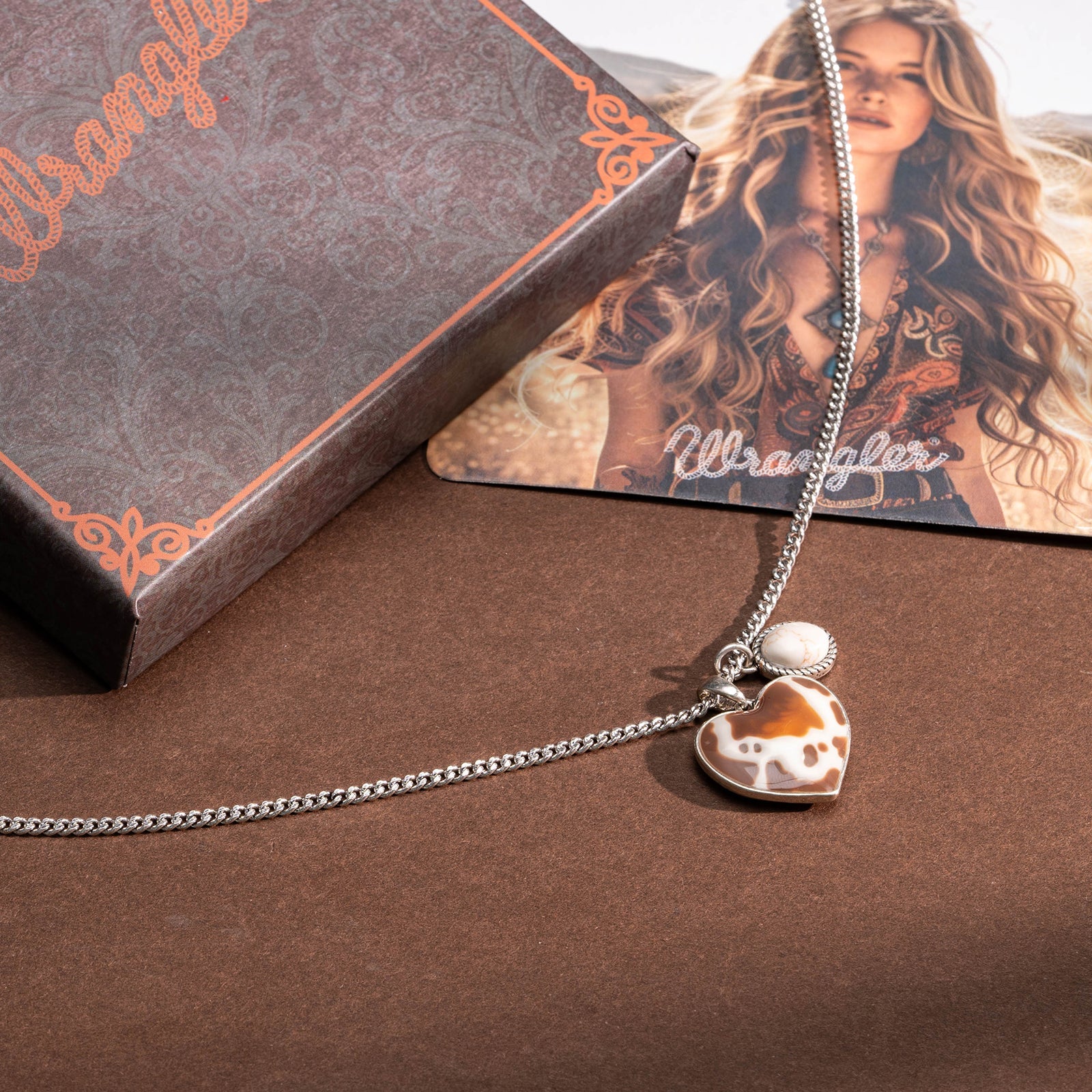 Wrangler Cow-Print Natural Stone Pendant Silver Necklace Earrings Set