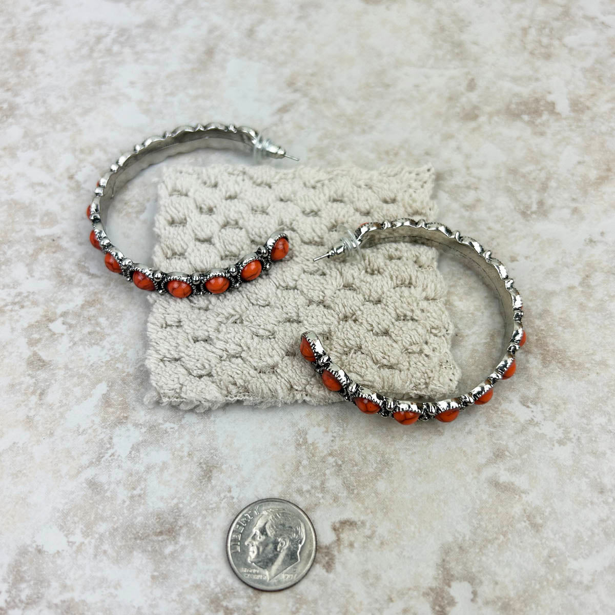 Silver With Stone Concho Hoop Earring